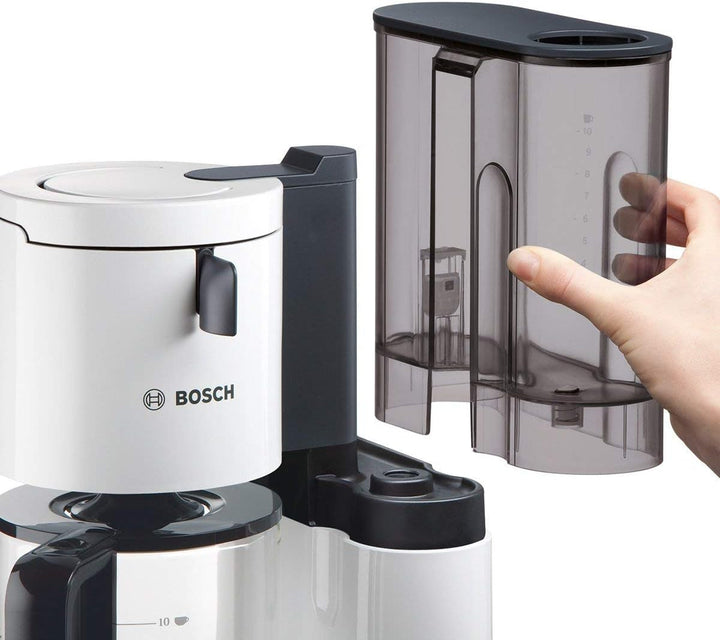 Bosch filtru de cafea Styline TKA8011, senzor de aromă, protecție aromă carafa de sticlă 1,25 L, pentru 10-15 cești, oprire automată, sistem de detartrare, opritor de picurare, suport filtru pivotant, 1160 W, alb