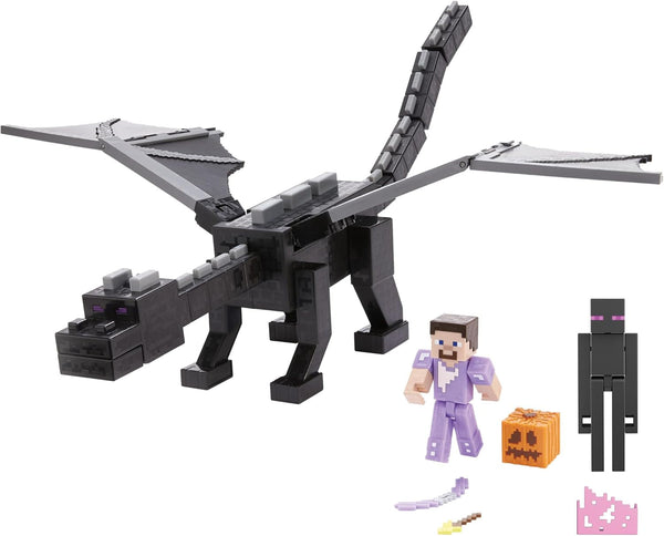Mattel Minecraft Ender Dragon Action Figure Set, lumini, zgomot și ceață cu Steve și Enderman, True To Scale la aproximativ 8 cm înălțime Figuri HTN25
