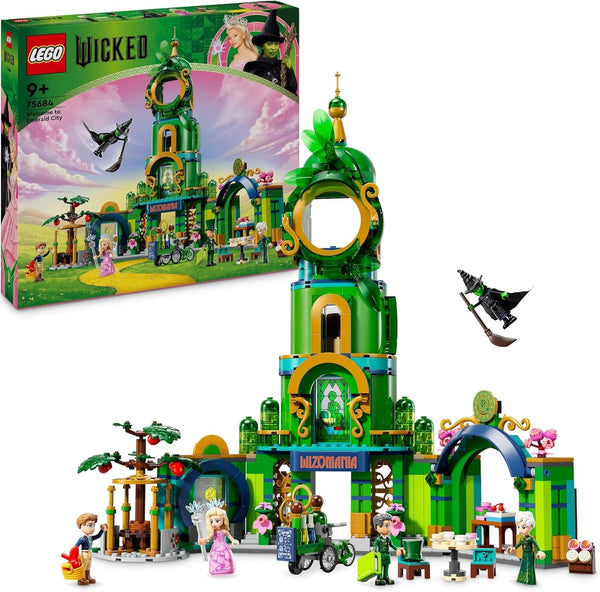 LEGO Wicked Welcome to Emerald City, jucărie cu turn, Glinda și Elphaba mini păpuși, cadou pentru fanii filmului și fete și băieți de la 9 ani, care iubesc casele de păpuși 75684