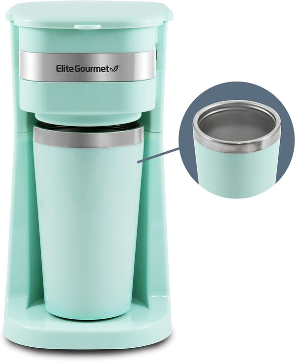 Elite Gourmet EHC113M# Cafetieră cu filtru cu porție unică, compactă, personală, cu cană de călătorie termo din oțel inoxidabil în interior, pentru cafea măcinată, filtru reutilizabil, verde mentă, 400 ml