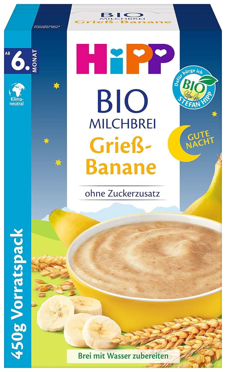 Hipp terci de lapte organic fără adaos de zahăr, semolina si banana, pachet de stocare (4X450 grame)