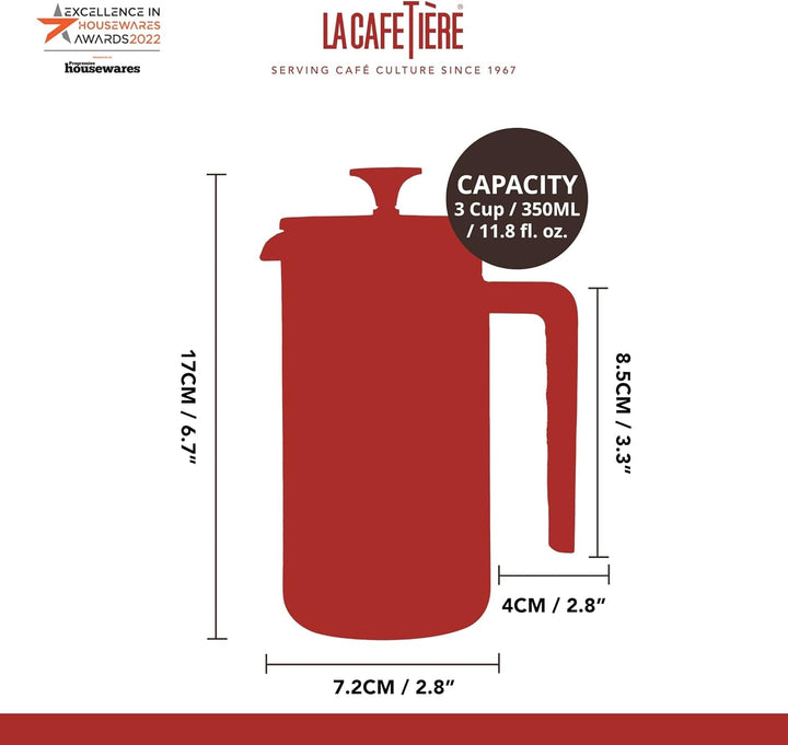 La Cafetière Pisa, 3 cești/350 ml, sticlă borosilicată rezistentă la căldură și oțel inoxidabil, cu plungere la îndemână, filtru mic de cafea franceză pentru ceai vrac și cafea măcinată, roz