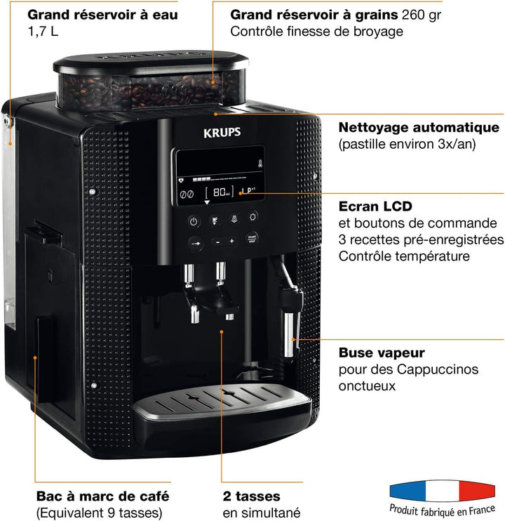 Krups Essential Mașină de cafea Măcinător de boabe Mașină de cafea espresso Afișaj Lcd Curățare automată Capuccino negru Duză de abur YY8135FD