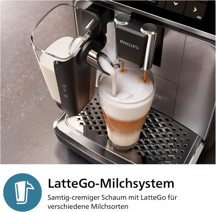 Aparat de cafea complet automat Philips Seria 3300 - 6 băuturi, ecran tactil color modern, sistem de lapte Lattego, Silentbrew, râșniță 100% ceramică, filtru Aquaclean. Crom negru (EP3347/90)