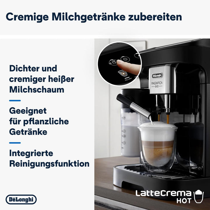 De'Longhi Magnifica Evo ECAM 292.81.B Aparat de cafea complet automat cu sistem de lapte Lattecrema, 7 butoane de selecție directă pentru cappuccino, espresso și alte specialități de cafea, funcție de 2 cești, negru