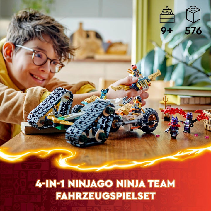 LEGO NINJAGO Ninja Team Combi Caterpillar, set 4 în 1 cu planor, mașină de curse și 2 motociclete și 6 minifigurine, cadou pentru băieți și fete, jucărie Ninja 71820