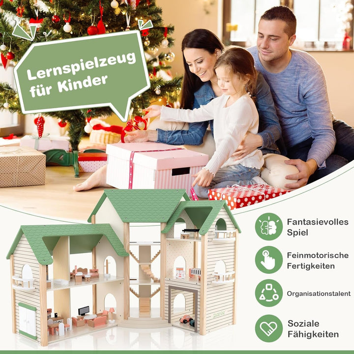 Casă de păpuși din lemn FANTASK, casă de păpuși de 83 cm înălțime cu 36 de piese de mobilier și accesorii, vilă de păpuși cu 6 camere, terasă și garaj, cadou pentru fete de la 3 ani
