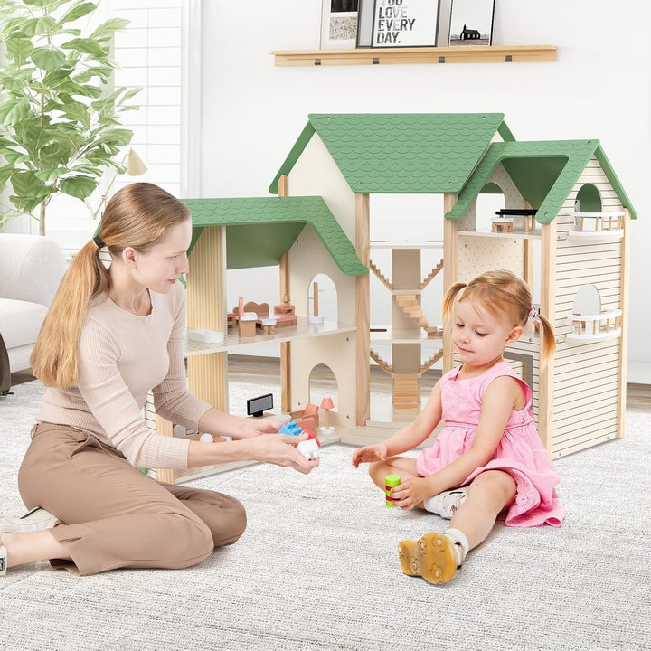 Casă de păpuși din lemn FANTASK, casă de păpuși de 83 cm înălțime cu 36 de piese de mobilier și accesorii, vilă de păpuși cu 6 camere, terasă și garaj, cadou pentru fete de la 3 ani