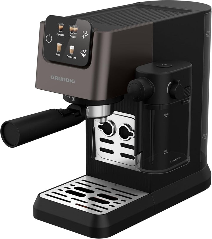 GRUNDIG KSM 5330 Mașină de fasole cu sită Cu recipient integrat pentru lapte, putere 1628 W, presiune pompă 15 bar, duză dublă, afișaj tactil color, Brewsense, Creamypro, Inox închis / negru