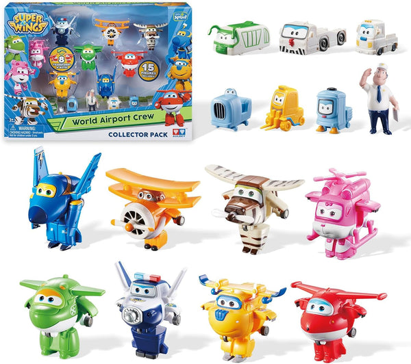 Super Wings Transform-A-Bots World Airport Crew - Seria 1 - Crew Collector's Pack - 15 figuri de jucărie - Figuri de 5,1 cm