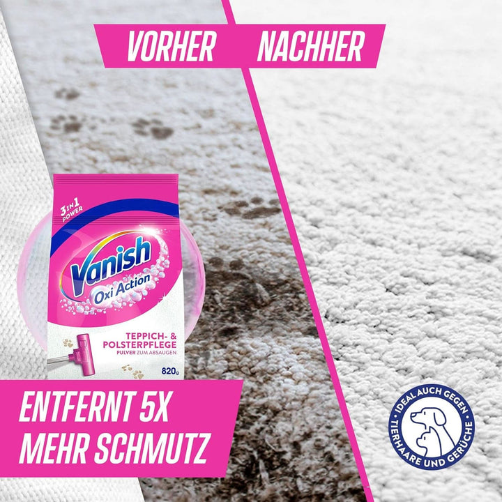 Vanish Oxi Action Pulbere pentru curățarea covoarelor și a tapițeriei - 1 X 820 G - Curăță suprafețe mari pentru covoare și tapițerii împotriva murdăriei, mirosului urât și prafului