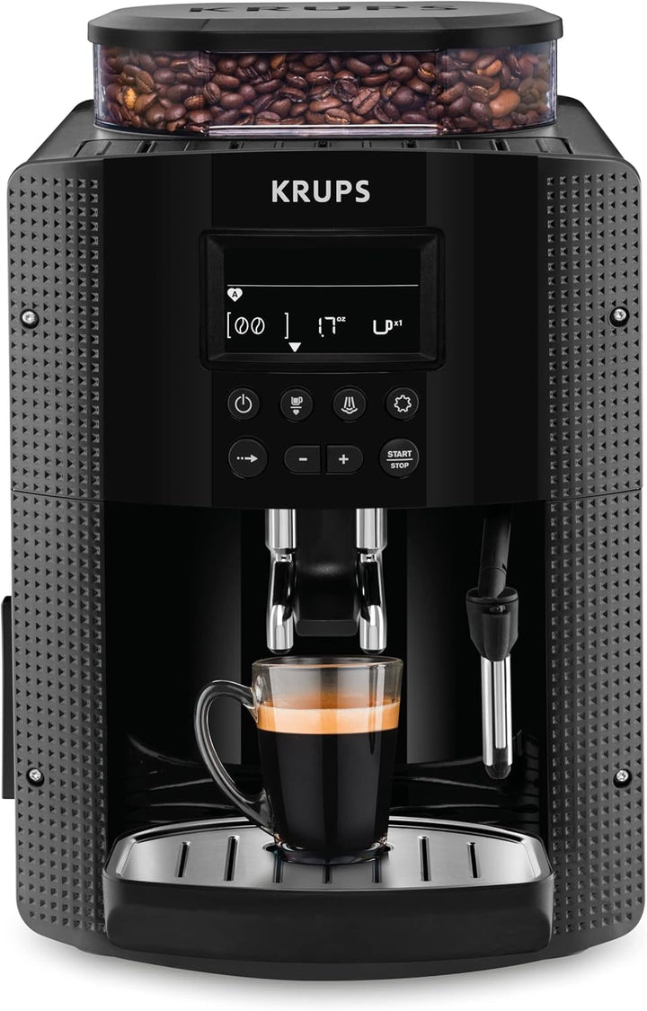 Krups Essential Mașină de cafea Măcinător de boabe Mașină de cafea espresso Afișaj Lcd Curățare automată Capuccino negru Duză de abur YY8135FD