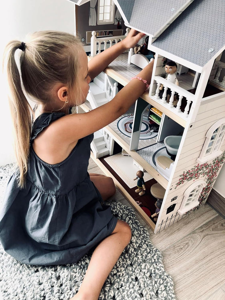 Casă de păpuși Small Foot Vilă de oraș din lemn, cu 3 etaje, față deschisă și 12 mobilier, pentru copii de la 3 ani, 11802, alb gri