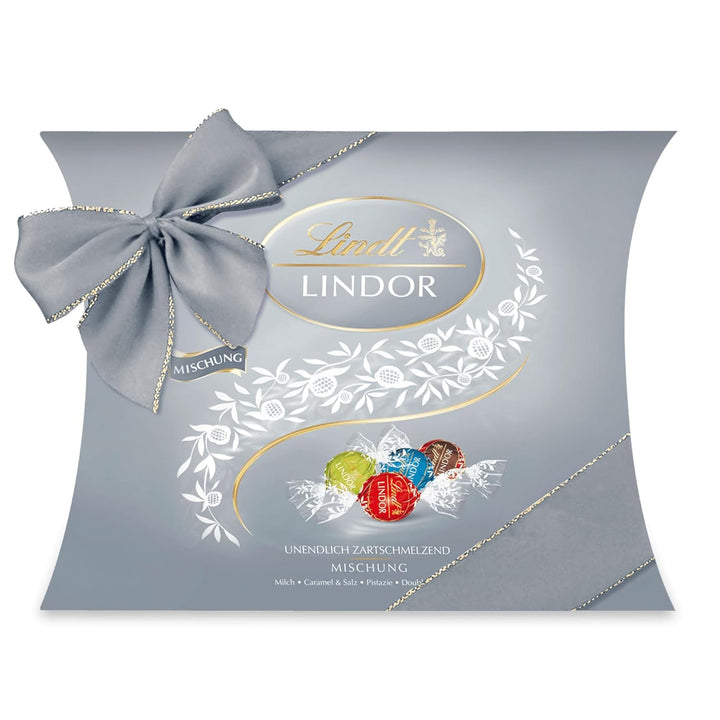 Lindt Schokolade LINDOR Mischung Silber | Ca. 26 Kugeln Mit Zartschmelzender Füllung in Den Sorten Milch, Caramel & Salz, Pistazie, Double Chocolate | Pralinen Geschenk | Schokoladengeschenk, 325G