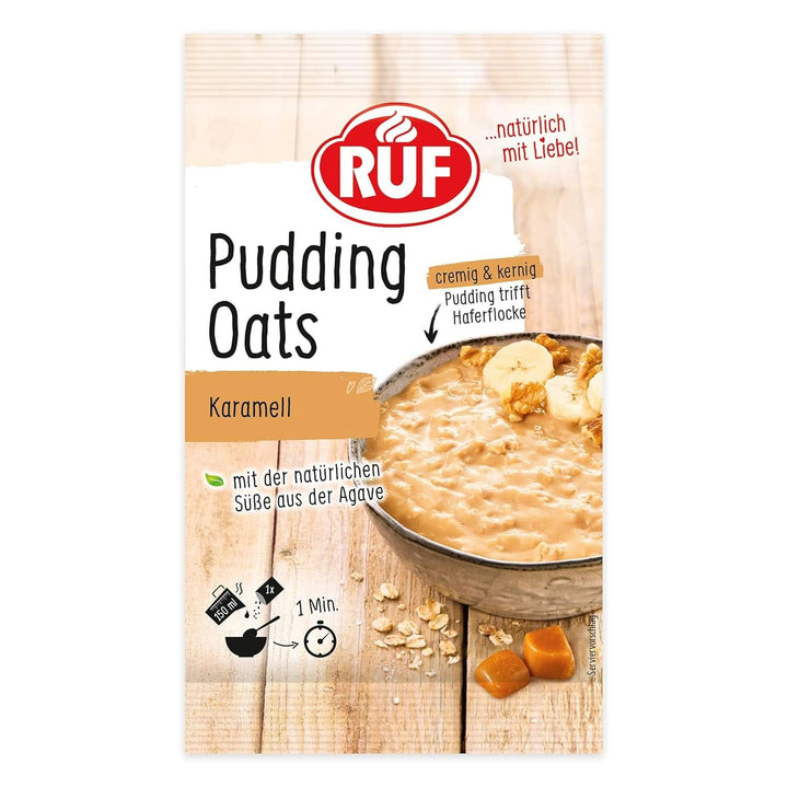 RUF Pudding Oats Caramel, budincă de caramel și fulgi de ovăz integral, fără zahăr, îndulcit cu sirop de agave,  64 grame