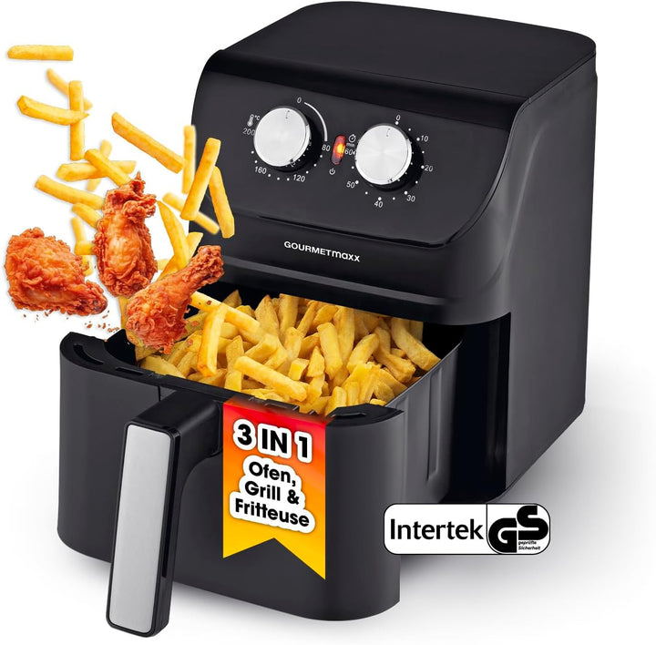 Gourmetmaxx Digitale Heißluftfritteuse XXL - 9L Ofen | Airfryer Mit Timerfunktion, Touchdisplay, Drehspieß, Schaschlikspießen | Fettarm, Energiesparend Frittieren | 8 Programme, 1800 W