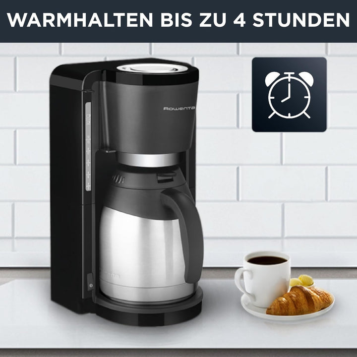 Rowenta CT3818 Cafetiera cu filtru Adagio Milano, cană termo din oțel inoxidabil, 10-15 cești, capacitate 1,25 L, oprire automată, 850 Watt, 26,5 X 27 X 38,5 cm, negru