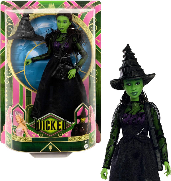 Mattel Wicked Elphaba păpușă de modă și accesorii cu piele verde, păr negru împletit, diferite poziții posibile și aspect de rochie de bal extensibilă, HXT62, [Multicolor]