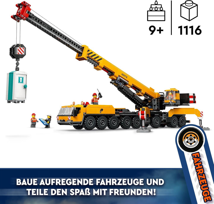 Macara mobilă de construcții LEGO City, jucărie de construcții pentru băieți și fete, cadou pentru copii creativi, braț lung extensibil, 4 minifigurine de muncitori în construcții pentru jocuri de rol 60409