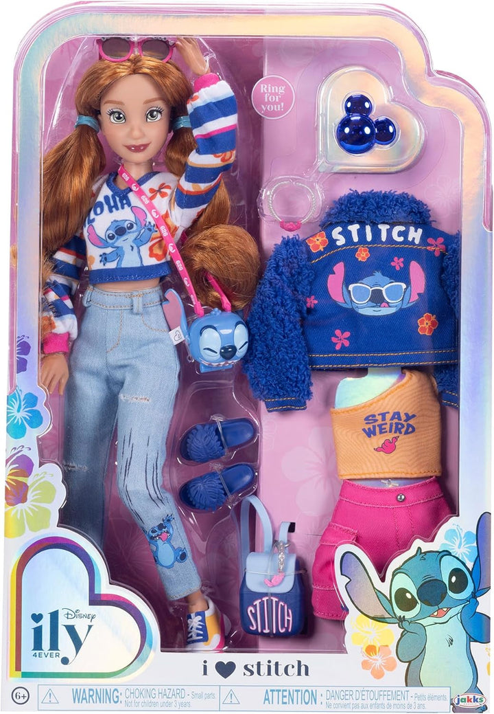 Disney ILY 4EVER Fashion Dolls Stitch cu păr roșcat 11.5" înălțime cu 13 puncte de articulare, două ținute complete Mix-And-Match și inel Mickey strălucitor pentru tine!