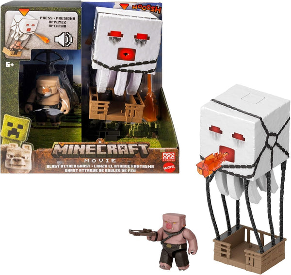 Mattel Minecraft Action Figure Set, Ghast With Fire Attack, Lights, Noise, Starter And Projectile, Piglin Warrior, Inspired By The Movie, JFB69