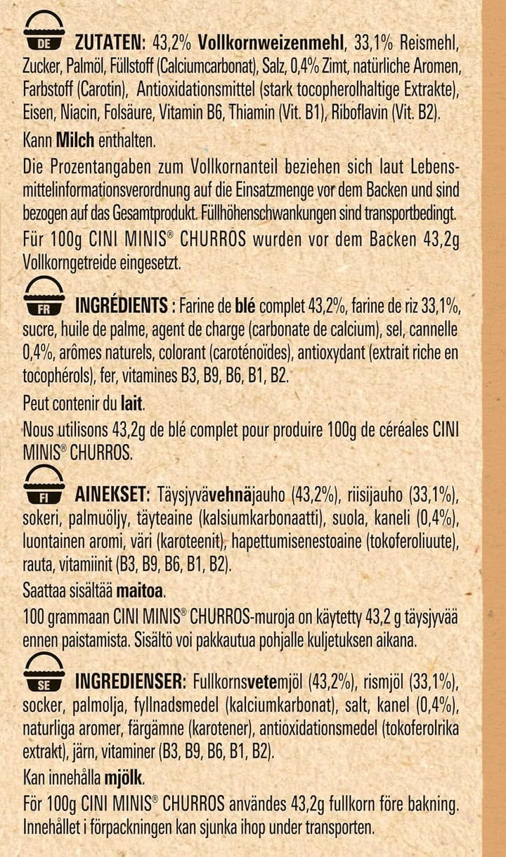 CINI MINIS Churros cereale pentru micul dejun cu 42% făină integrală, 360 grame