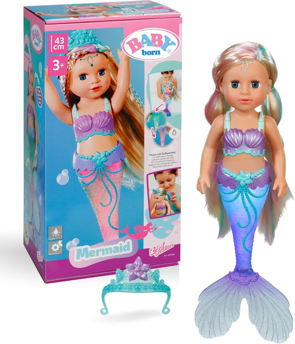 BABY Born Mermaid - Păpușă înaltă de 43 cm - Păr de înaltă calitate cu șuvițe colorate - Aripioară luminoasă - Funcționează cu baterii - Potrivit pentru copii de la 3 ani în sus, verde