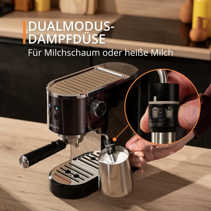 Krups XP444G Virtuoso+ espressor portafilter, 15 bar presiune pompă, 3 filtre crema, duză abur din oțel inoxidabil, panou de control intuitiv, control rotativ, incl. lingură de dozare / tampon, crom / negru