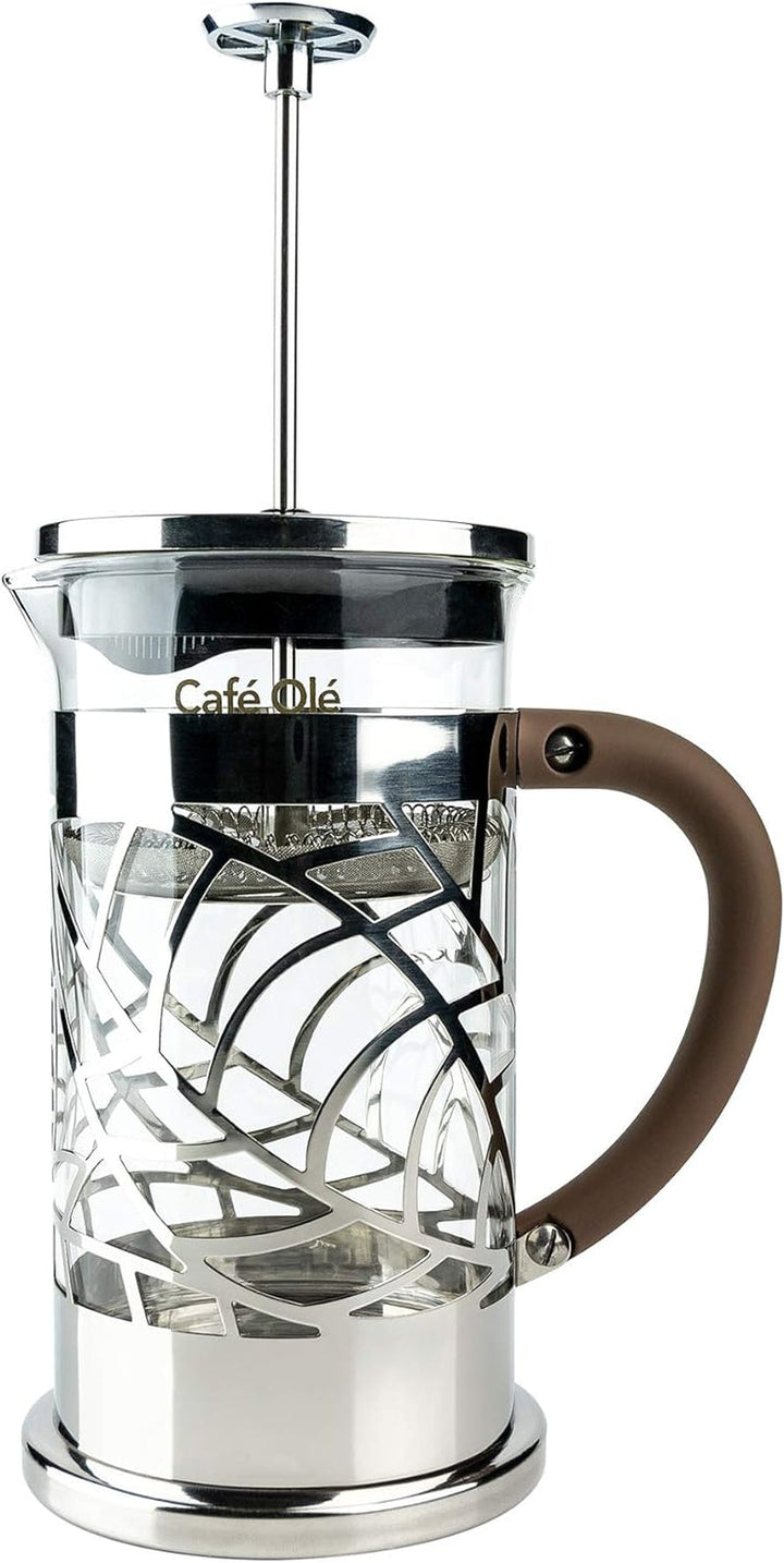 Grunwerg Café Olé Floral transparent filtru de cafea Presă de cafea din oțel inoxidabil 18/10 și sticlă 600 ml 4 pahare Demitasse, argintiu