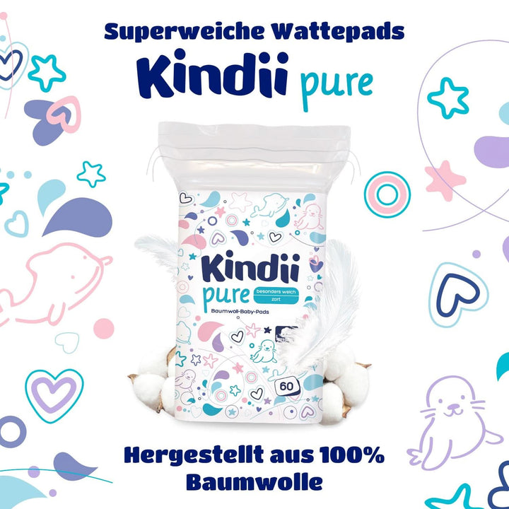 Kindii Pure Baby Pads - 100% Baumwolle - Große Quadratische Pads Für Empfindliche Haut - Ersetzt Feuchttücher - Weich - Weiche Kanten - Kein Ausfransen - 60 Stück.