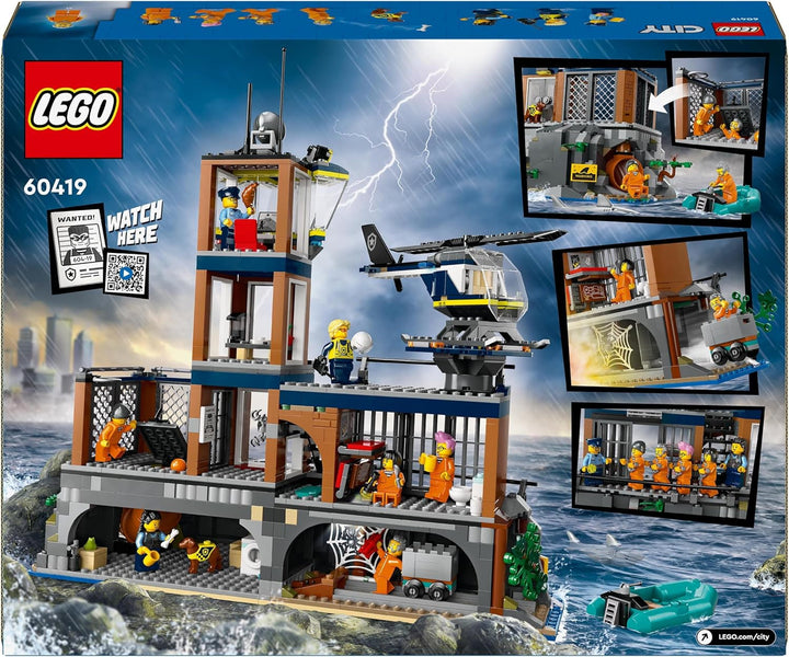 Stație de poliție LEGO City pe insula închisorii, jucărie de poliție cu elicopter, barcă și rechin, set cu 7 minifigurine și câine, cadou aniversar pentru băieți și fete de la 7 ani 60419