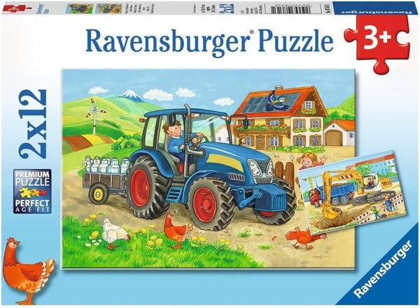 Ravensburger Puzzle pentru copii - 07616 Șantier de construcții și fermă - Puzzle pentru copii de la 3 ani, cu 2X12 piese