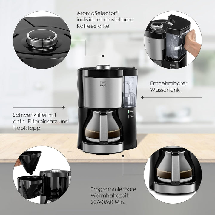 Melitta Look Perfection - Cafetieră cu rezervor de apă detașabil, filtru de cafea cu ulcior de sticlă și opritor de picurare, pentru până la 10 cești de cafea, negru
