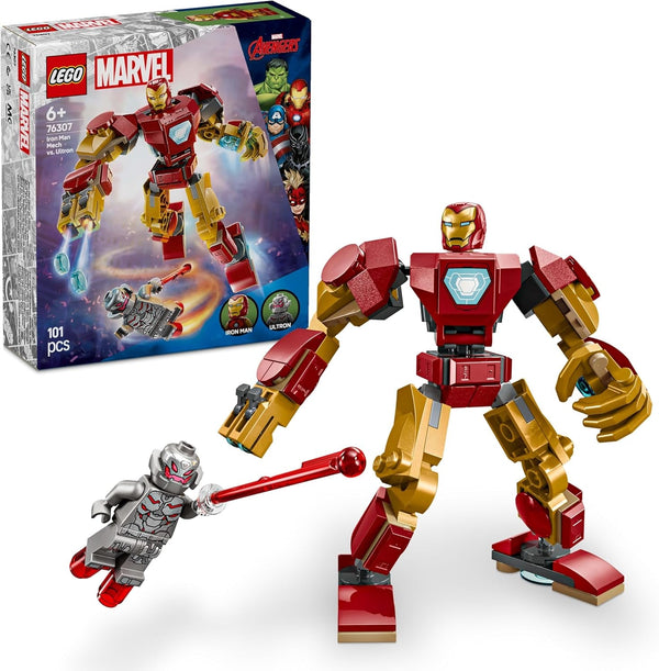 LEGO Marvel Iron Man Mech Vs. Ultron - Jucărie de supererou cu 2 minifigurine - Figură de acțiune cu brațe, picioare și degete mobile - Cadou pentru băieți și fete cu vârsta peste 6 ani 76307