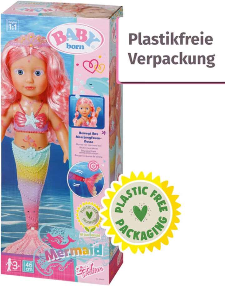 BABY Born Little Sister Mermaid 46 cm, Păpușă sirenă impermeabilă cu păr lung și aripioară mobilă cu sclipici, incl. tiară și pieptene, 833681 Zapf Creation
