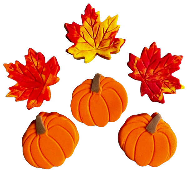 Set 6 edible decorations from sugar paste, autumn, pumpkins and leaves