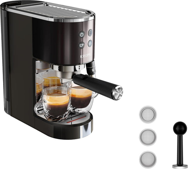 Krups XP444G Virtuoso+ espressor portafilter, 15 bar presiune pompă, 3 filtre crema, duză abur din oțel inoxidabil, panou de control intuitiv, control rotativ, incl. lingură de dozare / tampon, crom / negru