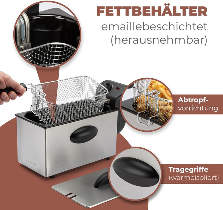 Bomann® Fritteuse Mit 3L Kapazität | Friteuse Mit Fett | Friteuse Öl Mit Kaltzonentechnik & Abtropfvorrichtung | Fritteusen Mit Stufenlos Regelbarerem Thermostat | 2000W | Gastro Friteuse FR 2264 CB