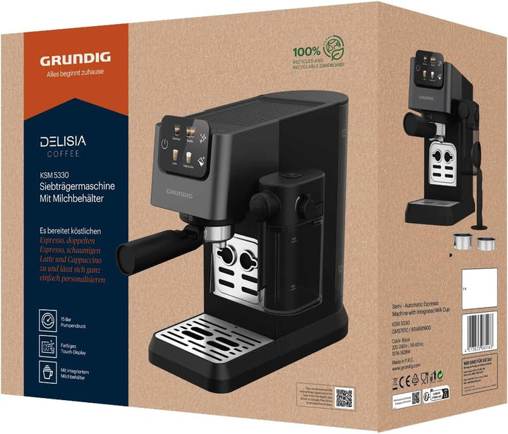GRUNDIG KSM 5330 Mașină de fasole cu sită Cu recipient integrat pentru lapte, putere 1628 W, presiune pompă 15 bar, duză dublă, afișaj tactil color, Brewsense, Creamypro, Inox închis / negru