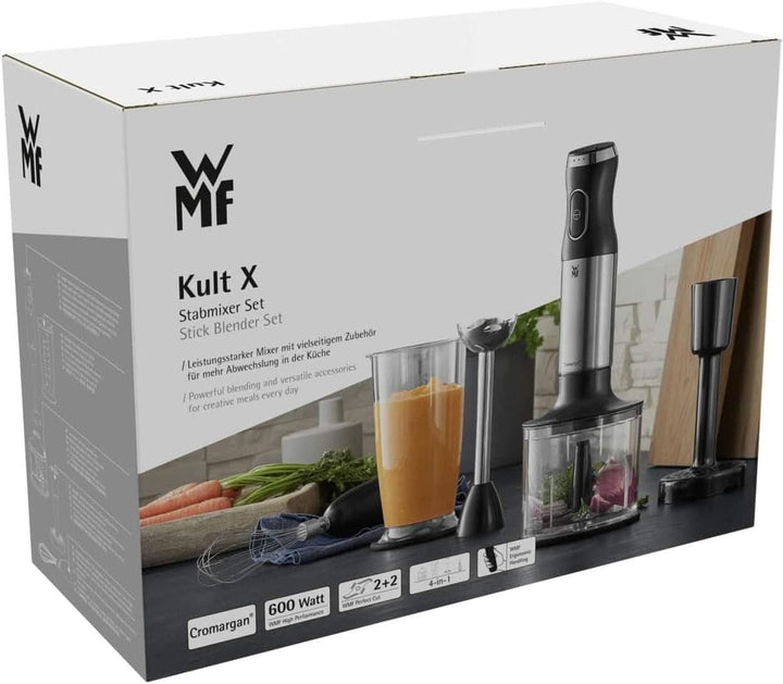 WMF Kult X Stabmixer Set 5-Teilig, Pürierstab, Schneebesen, Stampfer, Zerkleinerer, 600 Watt, Zauberstab Inkl. 700Ml Mixbehälter, Edelstahl Matt