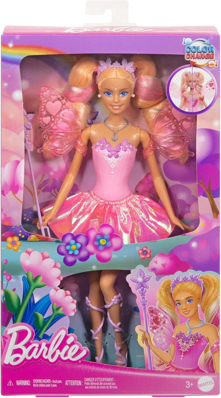 Mattel Barbie Doll Fairy cu baghetă de jucărie și accesorii de modă, temă fantastică cu aripi și ținută care își schimbă culoarea, JCP76, [Multicolor]