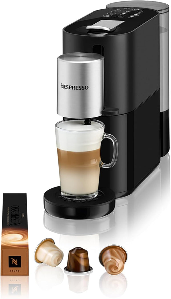 Aparat de cafea Nespresso Krups Atelier cu spumă de lapte, rezervor de apă de 1 litru, inclusiv ceașcă de sticlă + capsule, presiune 19 bar, negru/argintiu, XN8908
