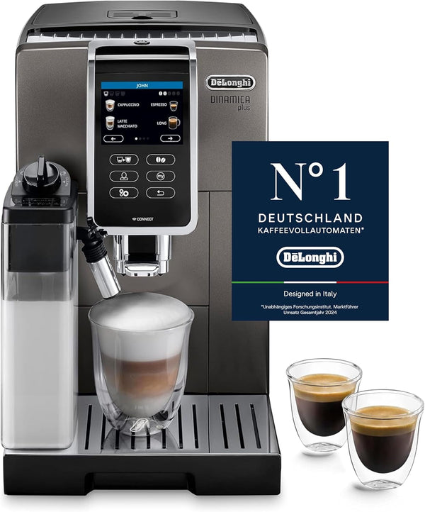 De'Longhi Dinamica plus ECAM 372.95.TB aparat de cafea complet automat cu sistem de lapte Lattecrema, cappuccino și espresso la apăsarea unui buton, ecran tactil color, control prin aplicație, funcție cafetieră, titan/negru