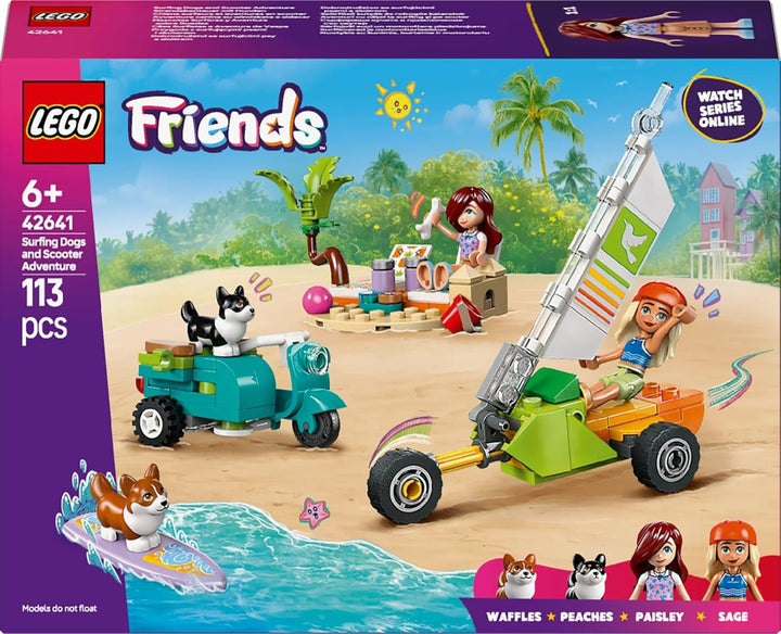 LEGO Friends Beach Adventure cu câini, jucărie de construcție pentru fete de la 6 ani, set de joacă pentru animale cu 2 minifigurine și 2 figuri Corgi, cadou pentru copii creativi, set de construcție de aventură cu placă de surf 42641
