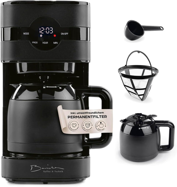 Cafetiera cu filtru Barista cu râșniță reglabilă și cană termo | funcție de menținere la cald, cronometru 24H și filtru permanent | pentru 10 cești de cafea | cafetieră pentru boabe și pudră [oțel inoxidabil]