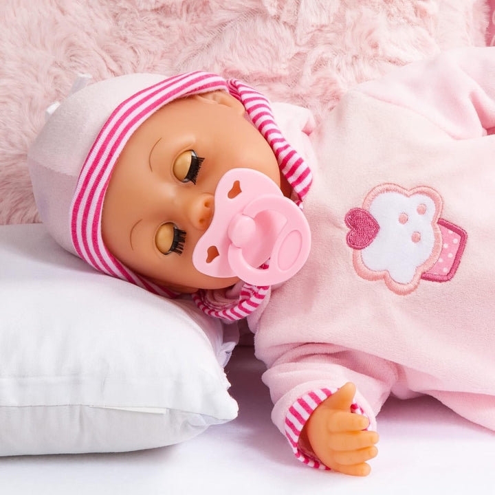 Păpușă First Words cu ochi adormiți, vorbește 24 de sunete de bebeluș, cu păpușă și biberon, 38 cm, roz/stripes