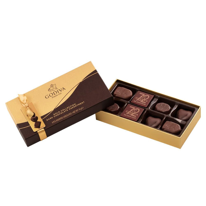 Ciocolată Godiva Connoisseur combinată cu fructul pasiunii, mousse de vanilie, caramel și alte umpluturi delicioase 