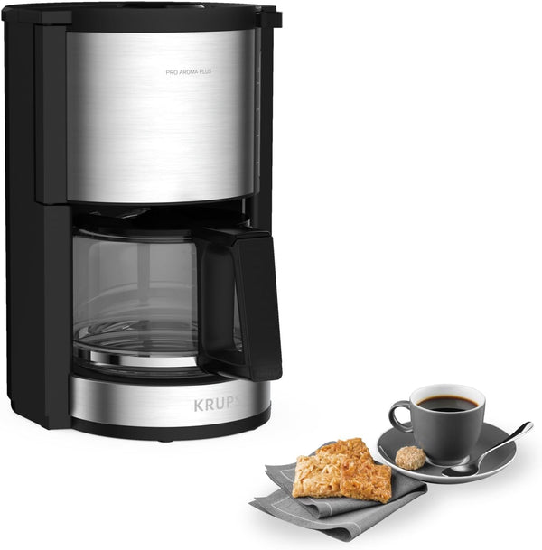 Cafetieră cu filtru Krups KM3210 Pro Aroma plus, 10 cești, 1,25 litri, funcție de menținere a căldurii timp de 30 de minute, fereastră vizibilă pentru nivelul apei, sistem anti-picurare, negru Cu aplicații din oțel inoxidabil