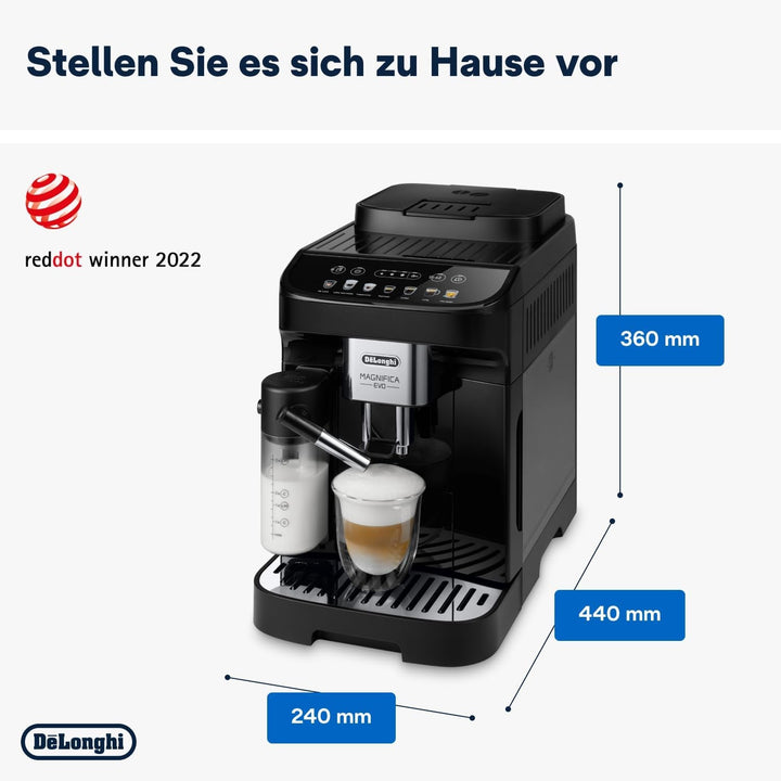 De'Longhi Magnifica Evo ECAM 292.81.B Aparat de cafea complet automat cu sistem de lapte Lattecrema, 7 butoane de selecție directă pentru cappuccino, espresso și alte specialități de cafea, funcție de 2 cești, negru