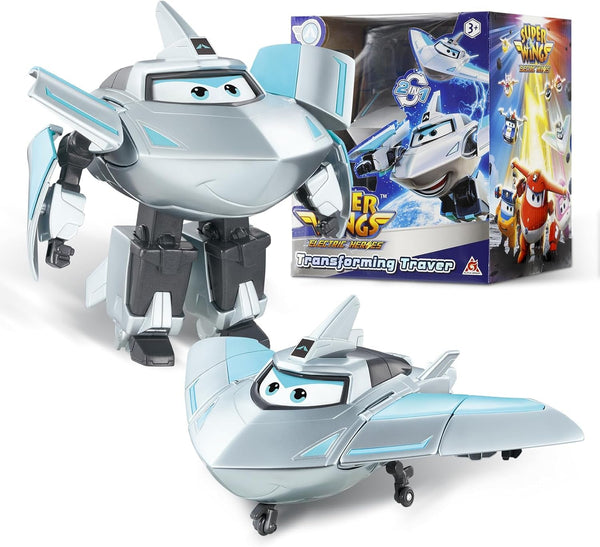Super Wings Transformation Plane Supercharged Traver, Aprox. 12.7 Cm Figură mare de joacă pentru copii, avion de jucărie și figură de robot pentru băieți și fete de peste 3 ani, argintiu